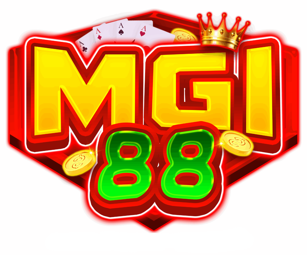 โลโก้ MGI88 เว็บเกมออนไลน์ ดีไซน์สีแดงทอง พร้อมสัญลักษณ์ไพ่และเหรียญ สื่อถึงความบันเทิงและรางวัล